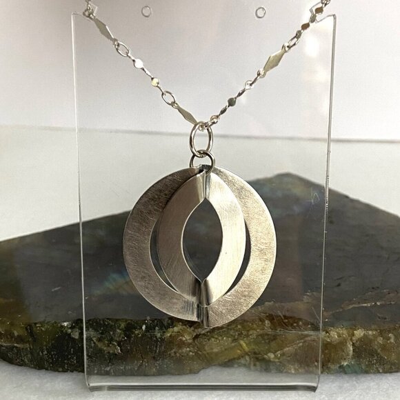 Brushed Sterling Silver 925 Double Ring Modernist Style Round Pendant Necklace - Picture 3 of 16